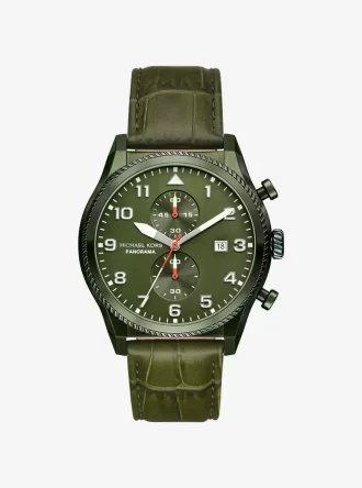 Reloj panorámico de gran tamaño en piel con relieve de cocodrilo y tono oliva
