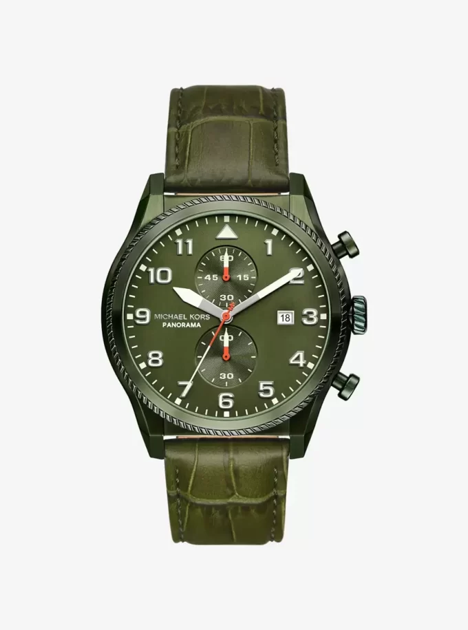 Reloj panorámico de gran tamaño en piel con relieve de cocodrilo y tono oliva