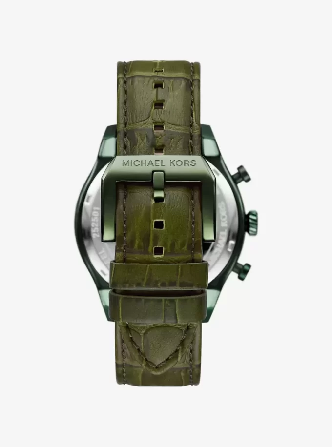 Reloj panorámico de gran tamaño en piel con relieve de cocodrilo y tono oliva