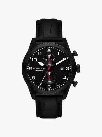 Reloj panorámico de gran tamaño en piel negra con relieve de cocodrilo