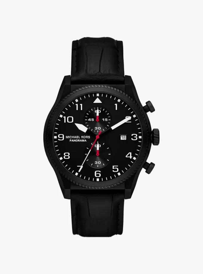 Reloj panorámico de gran tamaño en piel negra con relieve de cocodrilo Reloj panorámico de gran tamaño en piel negra con relieve de cocodrilo
