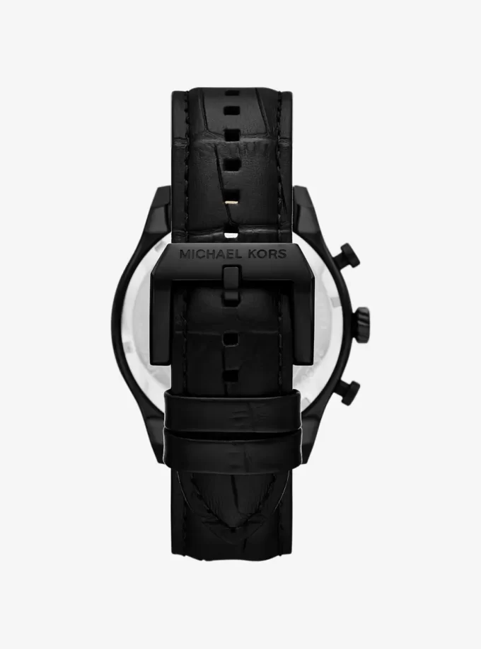 Reloj panorámico de gran tamaño en piel negra con relieve de cocodrilo Reloj panorámico de gran tamaño en piel negra con relieve de cocodrilo