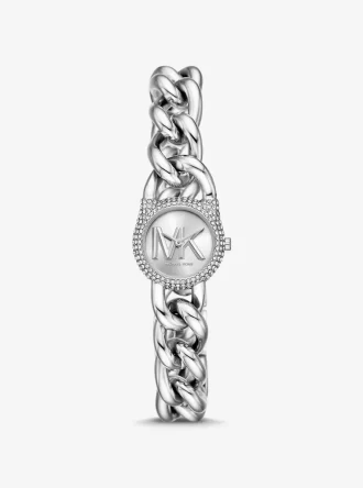 Reloj pequeño con eslabones de cadena en tono plateado y pavé Reloj pequeño con eslabones de cadena en tono plateado y pavé