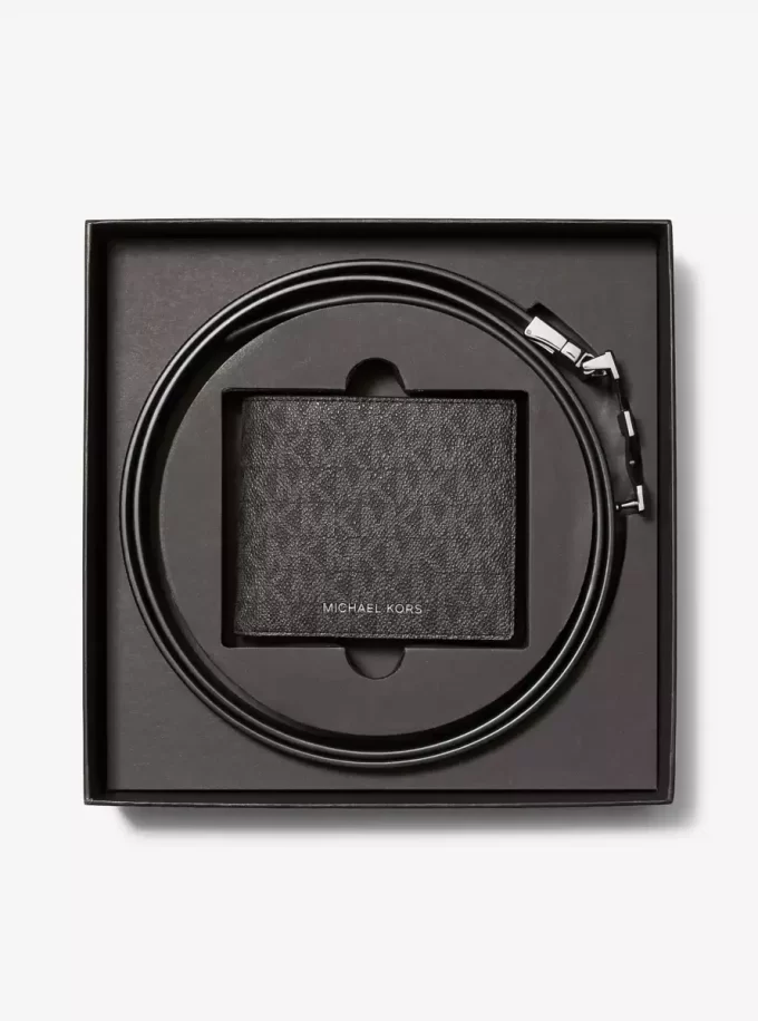 Set de regalo con billetera y cinturón reversible con el logotipo de la firma Set de regalo con billetera y cinturón reversible con el logotipo de la firma