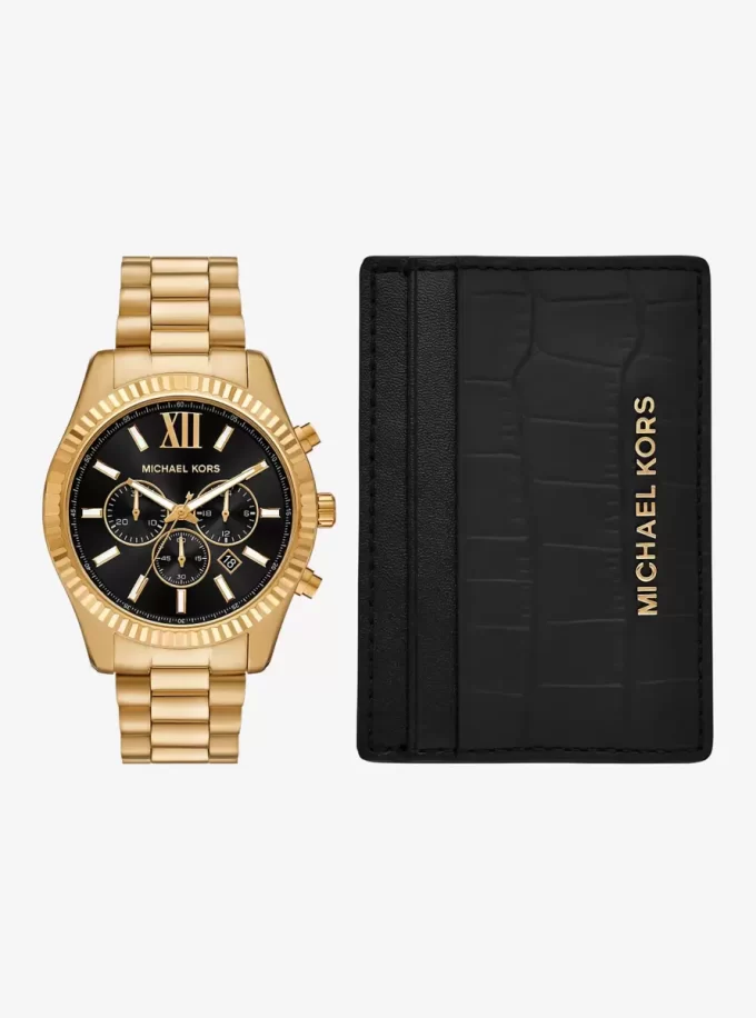 Set de regalo con reloj Lexington dorado de gran tamaño y tarjetero de piel con relieve de cocodrilo Set de regalo con reloj Lexington dorado de gran tamaño y tarjetero de piel con relieve de cocodrilo