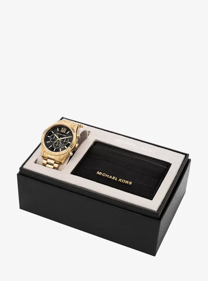 Set de regalo con reloj Lexington dorado de gran tamaño y tarjetero de piel con relieve de cocodrilo Set de regalo con reloj Lexington dorado de gran tamaño y tarjetero de piel con relieve de cocodrilo