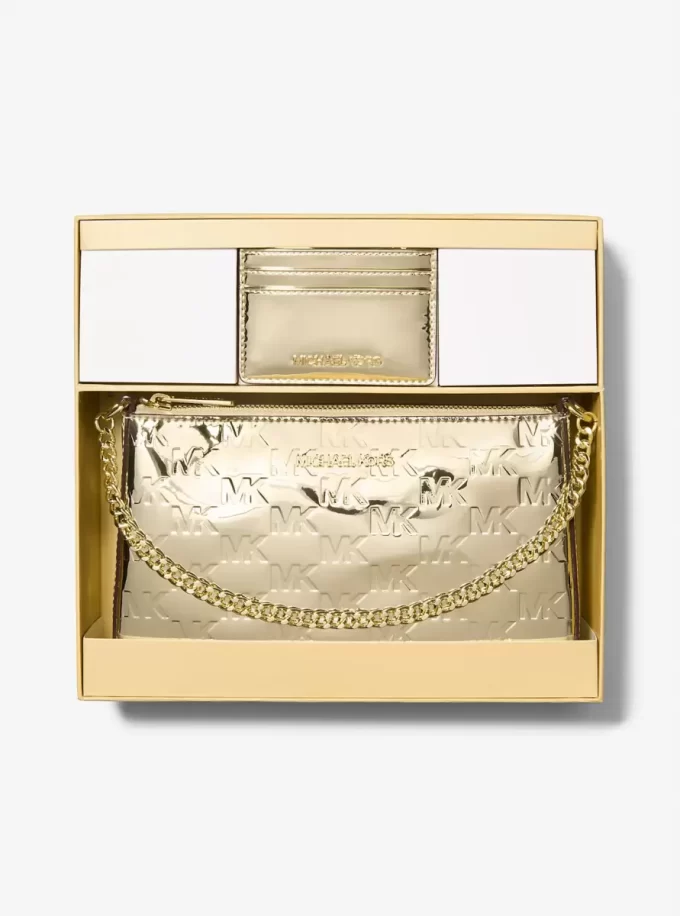 Set de regalo de cartera y tarjetero mediano con logotipo metálico grabado de Jet Set Set de regalo de cartera y tarjetero mediano con logotipo metálico grabado de Jet Set