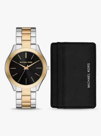 Set de regalo de reloj Aspyn de dos tonos de gran tamaño y tarjetero de cuero Set de regalo de reloj Aspyn de dos tonos de gran tamaño y tarjetero de cuero