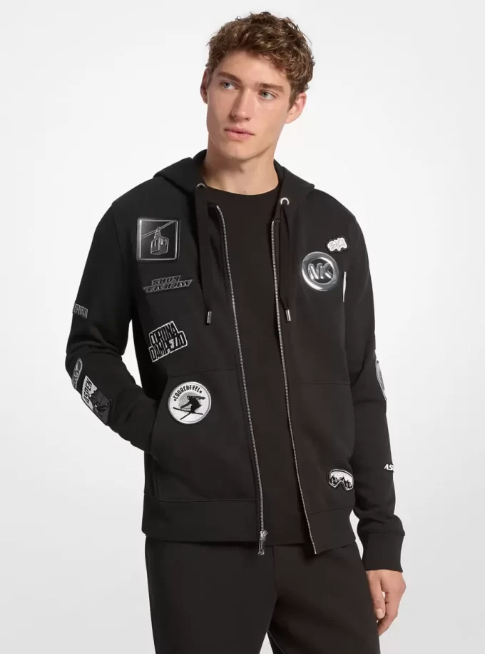 Sudadera con capucha y cremallera de algodón adornada