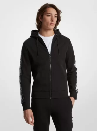 Sudadera con capucha y cremallera de mezcla de algodón con cinta y logotipo