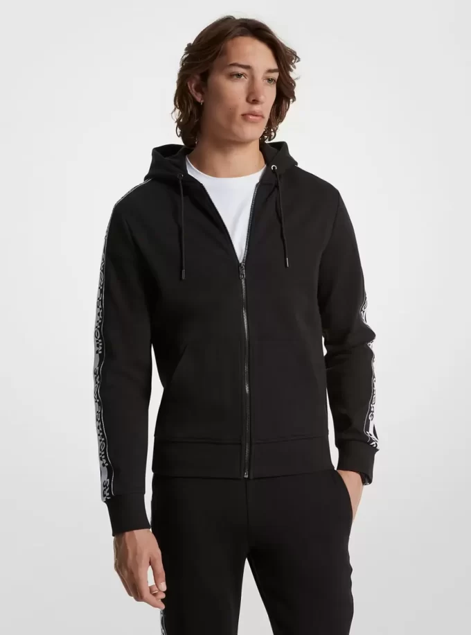Sudadera con capucha y cremallera de mezcla de algodón con cinta y logotipo Sudadera con capucha y cremallera de mezcla de algodón con cinta y logotipo