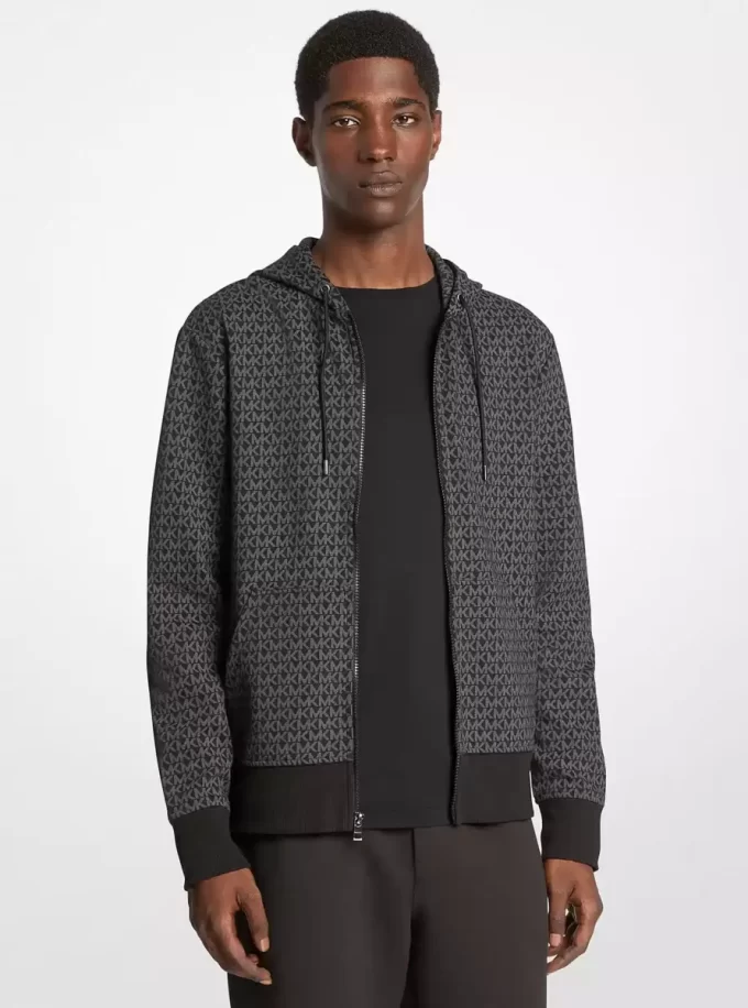 Sudadera con capucha y cremallera de mezcla de algodón con el logotipo de la firma