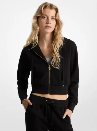 Sudadera corta con capucha y cremallera con logo y dije de jacquard