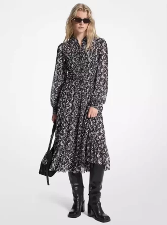 Vestido camisero de georgette con estampado floral y fruncido