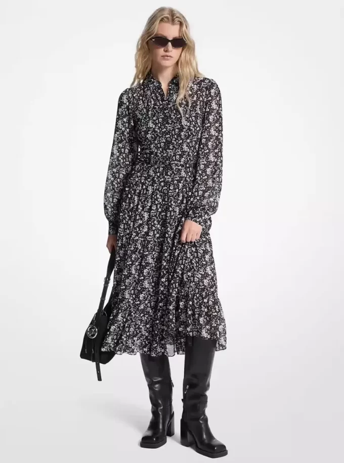 Vestido camisero de georgette con estampado floral y fruncido