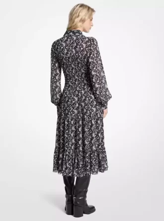 Vestido camisero de georgette con estampado floral y fruncido