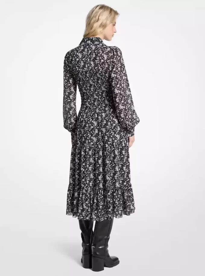 Vestido camisero de georgette con estampado floral y fruncido