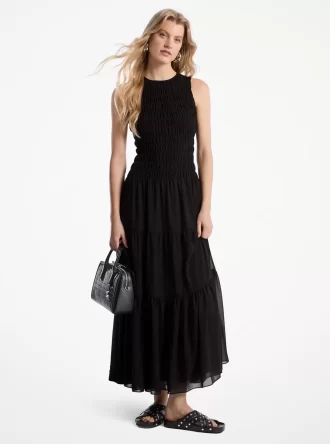 Vestido camisero de georgette fruncido