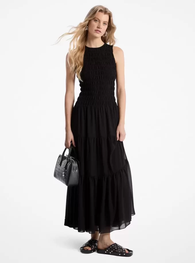 Vestido camisero de georgette fruncido