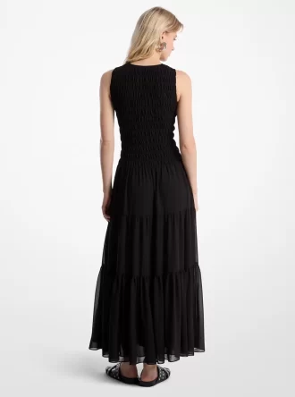 Vestido camisero de georgette fruncido