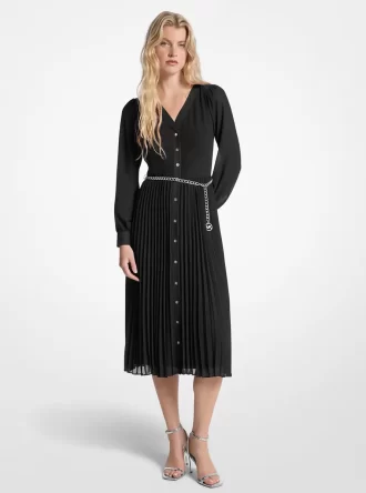 Vestido camisero plisado con cinturón de georgette