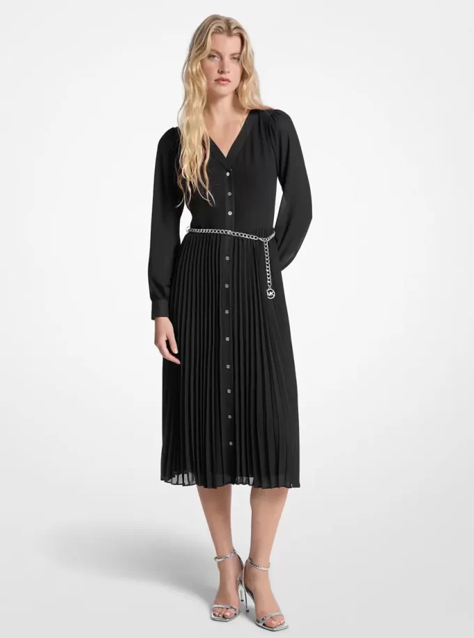 Vestido camisero plisado con cinturón de georgette Vestido camisero plisado con cinturón de georgette