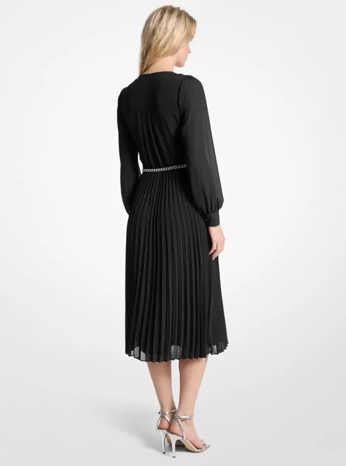Vestido camisero plisado con cinturón de georgette Vestido camisero plisado con cinturón de georgette