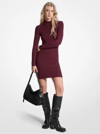 Vestido de cuello alto de lana elástica acanalada