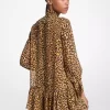 Vestido de georgette con estampado de leopardo y cuello con lazo