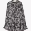 Vestido de georgette con estampado paisley metalizado y lazo en el cuello