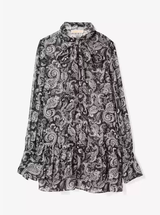 Vestido de georgette con estampado paisley metalizado y lazo en el cuello