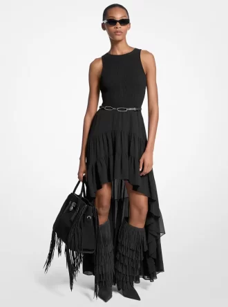 Vestido de georgette fruncido de corte alto y bajo