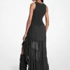 Vestido de georgette fruncido de corte alto y bajo