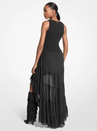 Vestido de georgette fruncido de corte alto y bajo