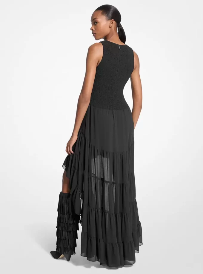 Vestido de georgette fruncido de corte alto y bajo