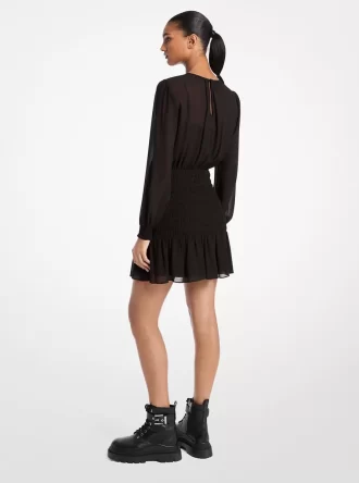 Vestido de manga larga de georgette fruncido