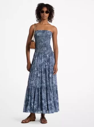Vestido escalonado de georgette con estampado floral y fruncido
