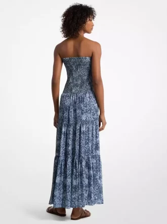 Vestido escalonado de georgette con estampado floral y fruncido
