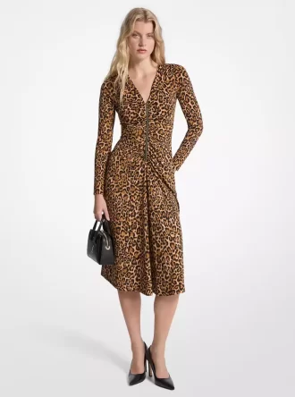 Vestido fruncido de jersey mate con estampado de leopardo