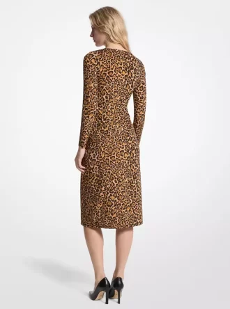 Vestido fruncido de jersey mate con estampado de leopardo