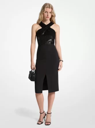 Vestido halter de lentejuelas y crepé