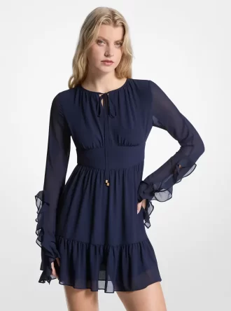 Vestido largo de georgette con volantes