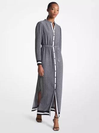 Vestido largo de satén con cinturón y estampado de logotipo