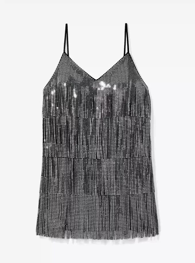 Vestido lencero con flecos y tachuelas Vestido lencero con flecos y tachuelas