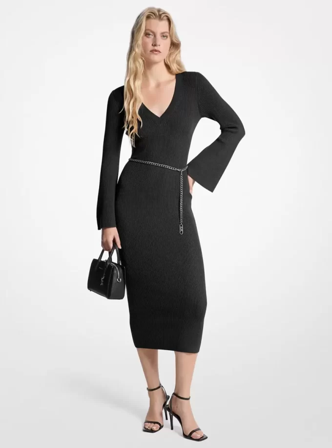 Vestido midi con cinturón de mezcla de lana