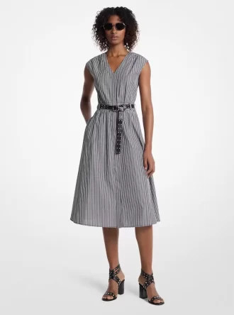 Vestido midi con cinturón de popelina de algodón a rayas