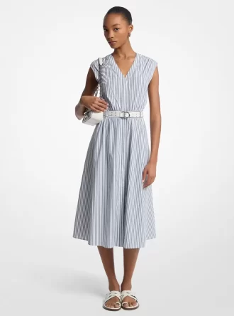 Vestido midi con cinturón de popelina de algodón a rayas
