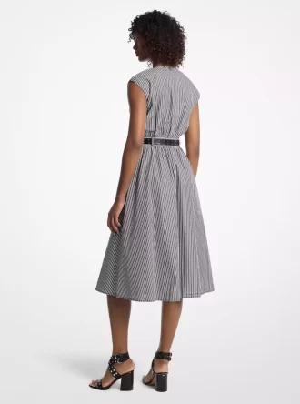 Vestido midi con cinturón de popelina de algodón a rayas