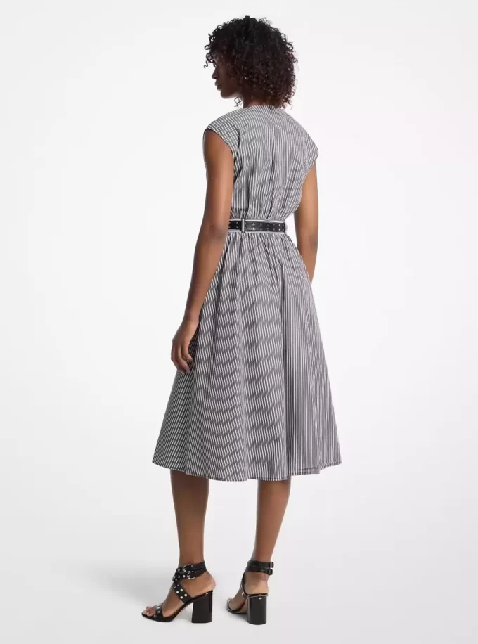 Vestido midi con cinturón de popelina de algodón a rayas