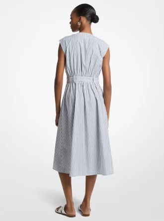 Vestido midi con cinturón de popelina de algodón a rayas